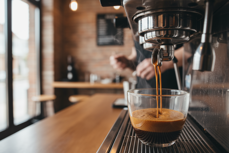 modern picture of a barista making coffee, focusing on the coffee