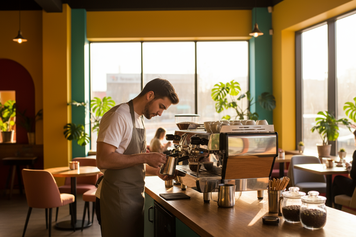 modern picture of barista making coffee in a bright and vibrant cafe